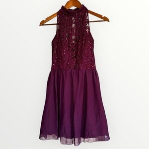 Speechless Sleeveless High Neck Sparkly Burgundy Purple Back Cutout Dress NWT